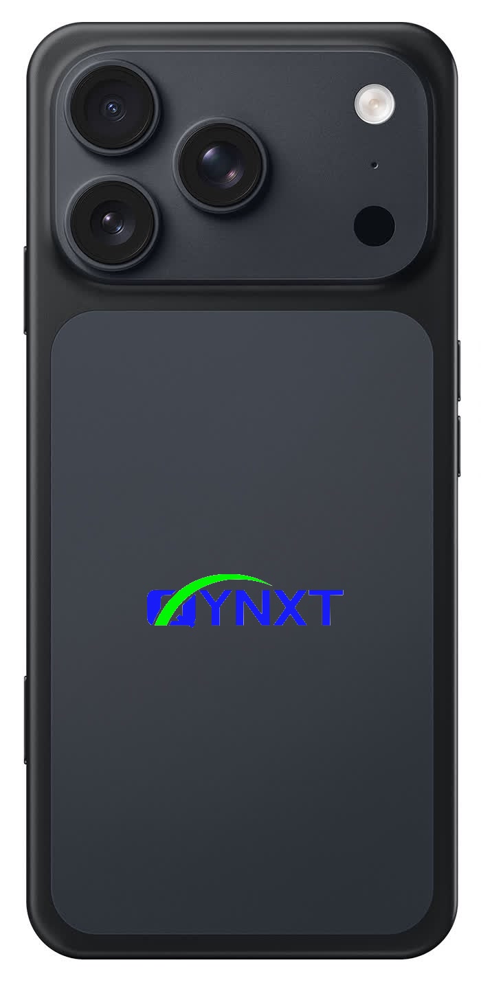 QYNXT logo printed on black smartphone back shell