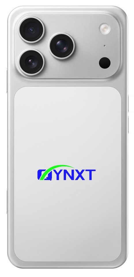 QYNXT logo printed on silver smartphone back shell